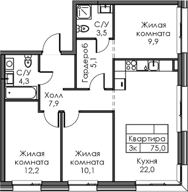 3-комнатная квартира 75 м², 3/12 эт., ЖК «Шкиперский 19»